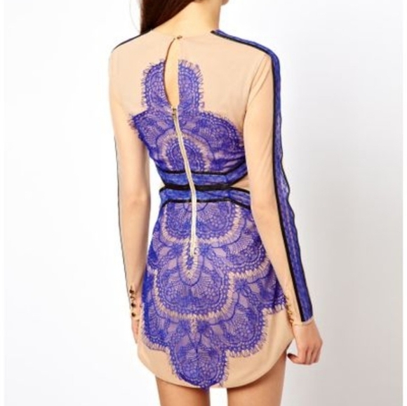 THREE Floor Nude Mesh and Blue Lace Mini Evening Dress - Picture 3 of 6